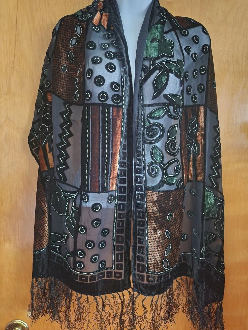 Black Sheer Embroidered Fringe Shawl Scarf